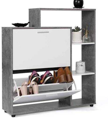IDMarket - Schuhschrank KLARK in Beton-Optik, 2 Türen, weiß, mit Ablage