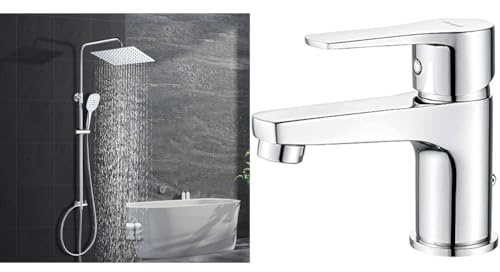 Görbach Edelstahl Duschsystem Duschset ohne Armatur Regendusche Überkopfbrauseset (SJ-E3030CP) & Ibergrif M11057 Wasserhahn Bad-Mischbatterie