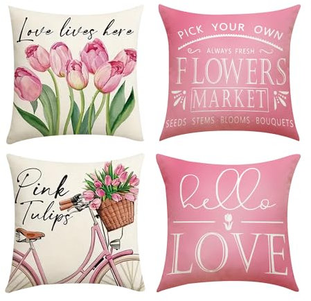 NYGGTYK 4 Stück Tulpen-Kissenbezüge, Rosa Blumen-Kissenbezüge, Beige Kissenbezüge, Sofa-überwurf-Kissenbezüge, Dekorative Wohnzimmer-Kissenbezüge (Kisseneinsätze Nicht Im Lieferumfang Enthalten)