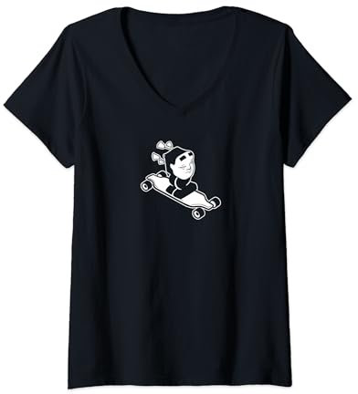 Damen Seltsamer japanischer Geist, der ein Longboard reitet und Spaß hat T-Shirt mit V-Ausschnitt