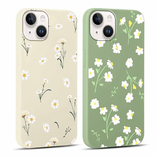 Xylota 2 Stück Handyhülle für iPhone 14/iPhone 13 6,1 Hülle,Aesthetic Muster Blumen Mädchen Frauen Case, Weich Silikon Dünn TPU Bumper Stoßfeste Kratzfest Schutzhülle Cover für iPhone 14,Grün + Beige