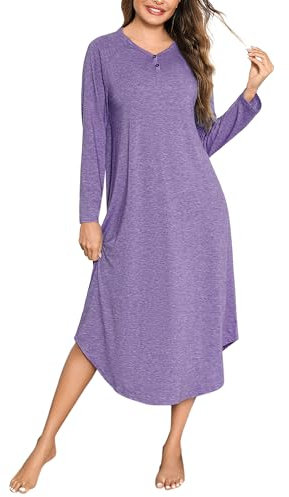 Bresdk Camicia da Notte Donna - Camicia da Notte Donna Manica Lunga a V Camice da Notte Invernale in Cotone Lungo con Bottoni Comodo Ampio Sleepwear per Casa e Casuale