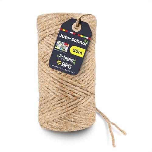 BFG Jute-Schnur 50m 2mm - Reißfeste 2-lagiges Juteschnur, Gartenschnur mit Naturfaser für Pflanzen und Dekorationen, Braun Paketschnur, Jutegarn für Verpackung und Handwerk