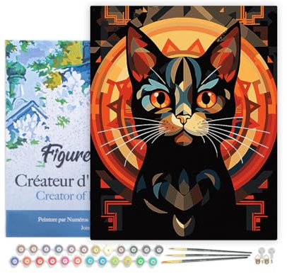 Figured'Art Peinture par Numéro Adulte avec Cadre Chat noir Art Déco - Activité Manuelle Kit de Loisir Créatif DIY Numéro d'Art Complet - 40x50cm toile tendue sur châssis