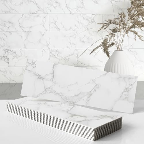 VAOVI Stick on Subway Tiles for Kitchen Splashback,Large Tile Stickers Marble Effect 3D Wall Tiles Panels Self Adhesive Bathroom Waterproof(30 PCS Carrara White)