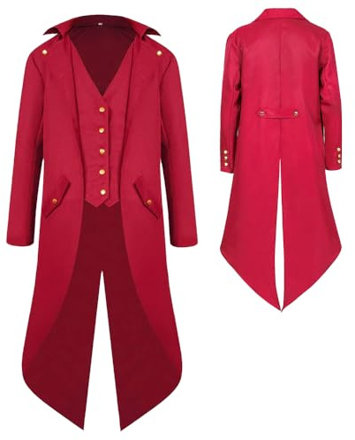YQVGFBY Men's Gothic Steampunk Tailcoat Men,Medieval Victorian Vintage Jacket Uniform Long Tuxedo,Renaissance Pirate Vampire Party Cosplay Costumes for Adults Men (Red, S)