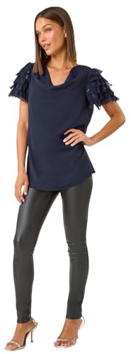 Roman Originals Cowl Neck Shoulder Sequin Frill Top for Women UK - Ladies Everyday Autumn Winter Comfy Soft Evening Vacation Work Party Night Out - Midnight Blue - Size 12