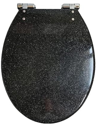 BGFYUSF Glitter Toilet Seat， Resin Toilet Seat Elongated Soft Close Quick Release Heavy Duty Toilet Seats with Glitter Cover， Bathroom Toilet Lid Oval，Silver foil，Black