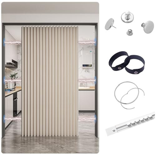 Türvorhang Kein Bohren, Verdunkelungsvorhang für Fenster und Türen Zu Hause mit Gleitschienen Sichtschutzvorhang, Schrank Vorhang Zum Schieben Staubdichter Vorhang für Regale(Magnetic Beige,80x190cm)