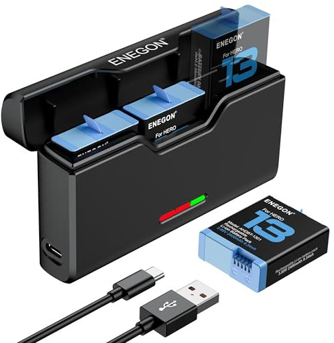 ENEGON Hero 13 - Batteria da 2400 mAh e LED a 3 canali USB, per GoPro Hero 13, colore: Nero