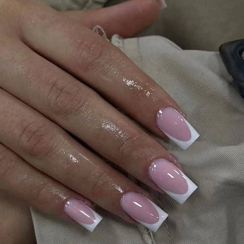 24Pcs French Tip Press-on Nails - Square White Fake Nails with Gel, Full Cover Artificial Nails for Women & Girls, Easy Stick on Design