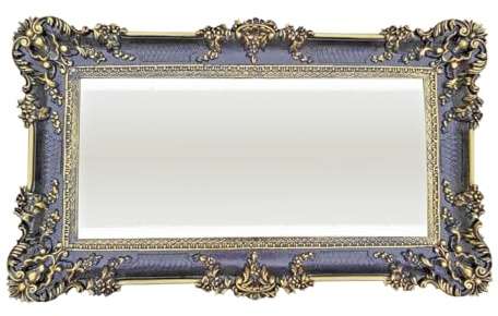 Lnxp Specchio barocco da parete in stile barocco, cornice con ornamento antico, 96 x 57 cm, rettangolare, nero, oro, doppio specchio antico