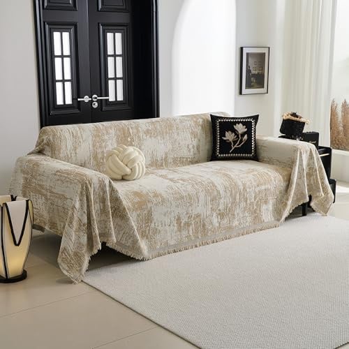 MYSKY HOME Sofabezug L Form Kratzschutz Sofa Katze Sofa Überzug 2 Sitzer | Khaki,1 Stück,180x260cm,Jacquard Couch Überzug mit Deko Quasten,Abstrakt Sofa Cover,Überwurfdecken für Sofa Schutzdecke