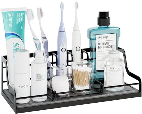 Zahnbürstenhalter für Badezimmer Organizer, 6 Slots Soforttrocken Halter Elektrische Zahnbürste mit Wasserabsorbierendem Kieselgur, Badaccessoires mit Verstellbar (Schwarz)