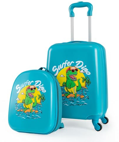 GOPLUS 2 TLG Kinderkoffer mit Rucksack, Kindertrolley mit Rollen, Teleskopgriff, Leichter Kinder Koffer mit Handgepäck, Reisekoffer für Flugzeug, Kindergepäck für Mädchen und Jungen (Türkis)