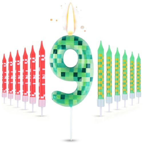 13PCS Pixel Candle Cake Decorations, Number 9 Cake Topper Game Birthday Decorations, Green Number Cake Candles for Boys Girls Wedding Baby Shower Video Game Party Supplies)
