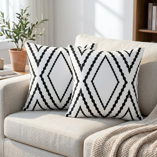 Hopomoon Kissenbezug 45x45 cm 2er Set – Boho Dekokissen Schwarz Weiß mit Geometrischem Rautenmuster – Moderne Kissenhülle Leinen-Optik für Sofa & Bett – Abstrakt Skandinavisch Deko
