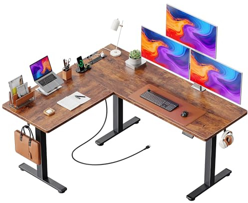 Huuger L Shaped Standing Desk, 63 x 55 Inch Height Adjustable Computer Desk for Bedroom, Corner Stand up Desk with Power Outlets, for Home Office Work and Study, Rustic Brown