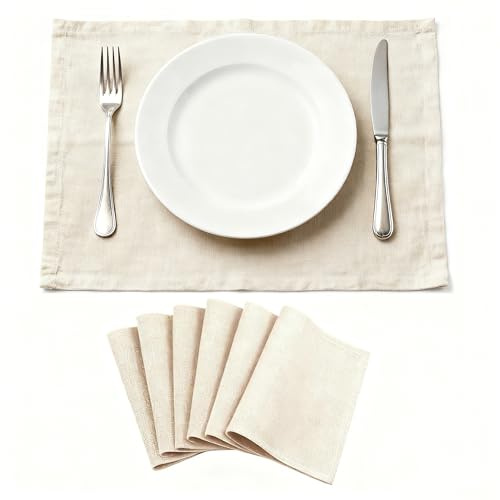 Linendo Tischsets aus 100% reinem Leinen, Beige/Naturleinen, 6er Set Platzsets 33 x 48 cm, Abwaschbar & Atmungsaktiv, für Küche Esstisch Essen Tischunterlage