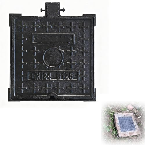 Chiusino Pozzetto e Telaio Quadrati in Ghisa, Coperchio per Fossa Settica Nero con Base, Tombino di Classe B, Coperchio per Fognatura per Vialetto, Cortile, Cemento(40x40x3cm/16x16x1.2in)