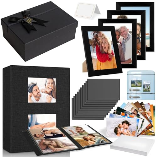 115 Stück Bilderrahmen Set,Bilderrahmen 10x15 Schwarz | Fotoalbum Einsteckalbum 10x15 für 200 Fotos,Magnetische Bilderrahmen Schwarz,Fotopapier 10x15,Geschenkbox,für Familie