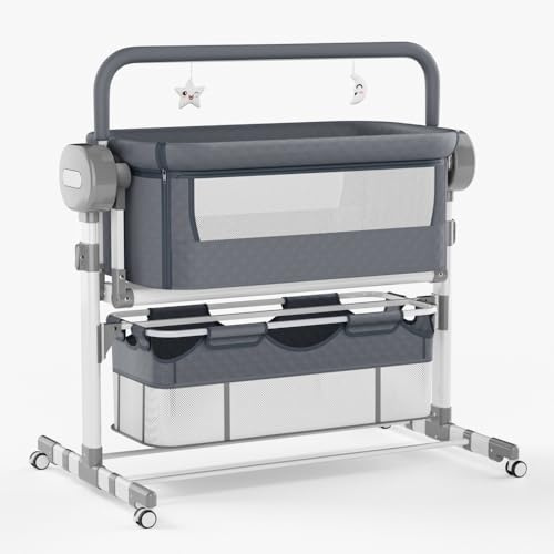 Dziranam Beistellbett für Neugeborene, höhenverstellbar, elektrisch mit Schaukelfunktion, Beistellbett Baby mit Rollen,Matratze(grau)