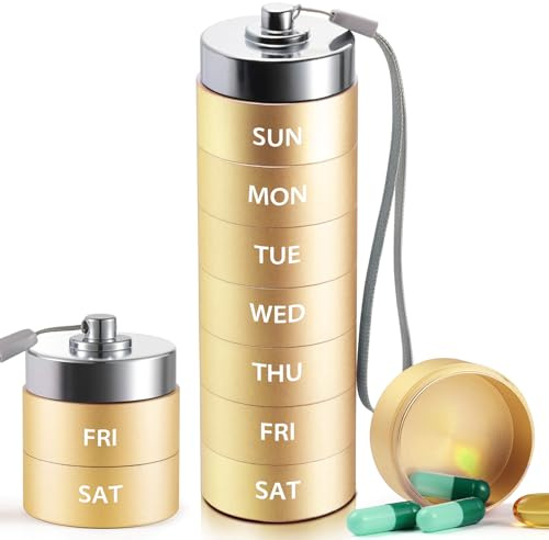 OUVBTX Tablettenbox 7 Tage aus Aluminium - XL Große Kapazität Pillendose 7 Tage, Wasserdicht & Staubdicht Medikamentendosierer Metall, Wochendosierer für Vitamine & Fischöl