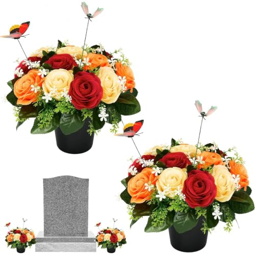Artificial Grave Flowers Pots, Cemetery Flower Pots with Butterfly Ornament | for Outdoor Decorations, Autumn Fake Funeral Memorial Bouquet in Pot for Garden, Graveside, Cemeteries Yellow Rose