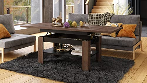 designimpex Rio Couchtisch ausziehbar höhenverstellbar 130/170 cm in Eiche Dunkel/Schwarz Matt modern Ablage Wohnzimmertisch Esstisch Beistelltisch Sofatisch Couch Tisch Living Room Table Wohnzimmer