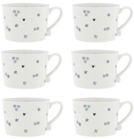 Bastion Collections Set di 6 tazze in ceramica con margherite e fiori, colore bianco e blu, 300 ml