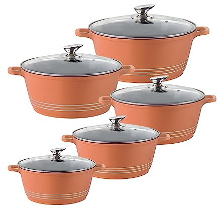 SQ Professional Durane Die Cast Stockpot Set - 5PCs Aluminium Non Stick Coating Cooking Pot - Casserole Set Tempered Glass Lid & Steam Vent - (20-24- 28-32 cm) Copper