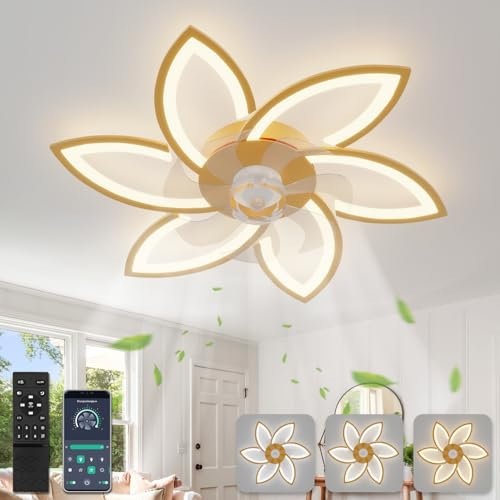 78 cm Lampadario Ventilatore da Soffitto Con Telecomando Led Dimmerabile Pale da Soffitto Design DC Plafoniera Fiore Led Reversibile 6 Velocità Lampadari a Ventola per Camera da Letto Cucina,Oro