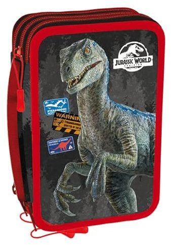 Jurassic World - Original Lizenz - Federmäppchen schwarz/rot 3 Fächer mit Reißverschlüssen - 45 Schreibwaren Zubehör für Schule, Größe 20 x 6 x 12,5 cm - Dinosaurier - Grund- und Mittelschule