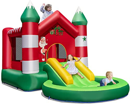 COSTWAY Inflatable Bounce House, Christmas Theme Bouncy Castle with Slide, Ball Pit Pool and Jumping Area, Blow Up Kids Activity Center for Indoor Outdoor (without blower)
