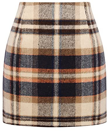 Kinghua Damen Minirock aus Wolle, kariert, für Herbst und Winter, hohe Taille, Figurbetonter Bleistiftrock, Dunkelbraun, Mittel