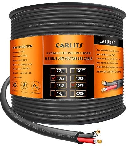 CARLITS 18 Gauge 2 Conductor 2x0.8mm² Electrical Wire, 150FT/45.72M Black Stranded Low Voltage 18/2 Cable PVC Case, Flexible Extension Power Cord for LED Lamp, Automotive, Boat, Electronic