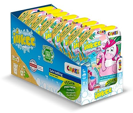 INKEE UNICORN BEACH | 8er Set Einhorn Badekugeln mit Überraschung, 8x Kinder Badebomben mit Einhornfigur, Pop Corn Aroma