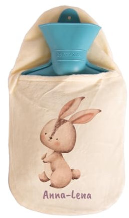 Gummi-Wärmflasche personalisiert (Hase) | mit Wunschname bedruckt | Tiermotive für Kinder | 0,8l Fassungsvermögen | hellblau | mit Vlies-Bezug