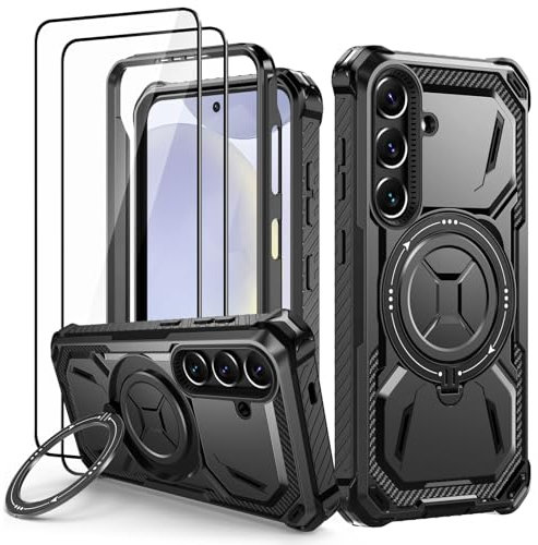 Lanhiem Handyhülle für Samsung Galaxy S24 Hülle mit 2 Stück Panzerglas und 360° Ring Ständer, Militärischer Stoßfest Schutzhülle für Samsung Galaxy S24 Case, Schwarz