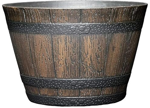 Fixtures Business & Homewares Barrel Cask Planter Large, Brown/Tan 51.5cm x 32cm. Indoor or Outdoor, Farmhouse Chic Planters. Hardwearing Polypropelene/Resin.