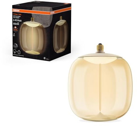 OSRAM Vintage 1906 Big Oval ist eine dimmbare, dekorative Lampe aus Kunststoff mit LED-Glüwendel-Magnet-Technologie. Sie bietet 12 W, 1800K, E27 Fassung, Bernstein Design, 250 mm Durchmesser, CRI 80.