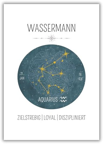 Papierkind™ Poster Sternzeichen Wassermann - Aquarius | Zodiak Wandbilder Wassermann | Wassermann Deko ohne Rahmen | Astrologie Wassermann Poster | Geschenk | in DIN A4 ohne Rahmen (A130-4)