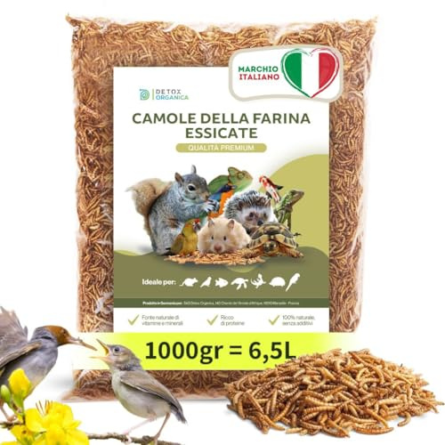 Detox Organica Camole della Farina Essiccate 1000g = 6.5 L Qualità Premium | 100% Naturale - Tarme della Farina Podotto Germania - Mangime Uccelli Selvatici, Pesci, Tartarughe, Roditori, Rettili