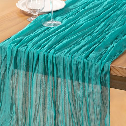 DeZerlor Seihtuch-Tischläufer, Sommer-Tischläufer, Boho-Gaze, 308 cm, blaugrün, Sommer-Tischdekoration, für Hochzeit, Babyparty, Teeparty, Dekoration