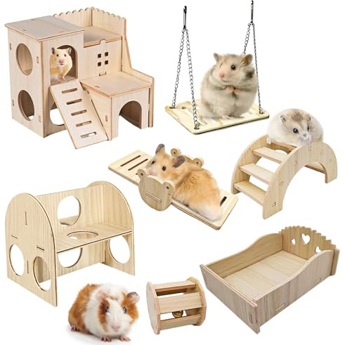 LEKEFETO Hamsterleksak av trä – gör-det-själv-hamsterhus i 7 delar för hamstrar, marsvin, racingmöss, chinchillor och dvärghamstrar