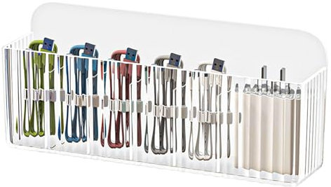 Organizador Cables Escritorio, Caja para Guardar Cargadores con 6 Compartimentos, Data Cable Storage Box, Organizadora de Cables de Carga para Hogar Oficina, Plástico, Transparente