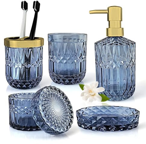 Juego de baño de 5 piezas, accesorios de baño de cristal, moderno juego de dispensador de jabón, jabonera, portacepillos de dientes, bidón de bastoncillos de algodón, taza (azul)