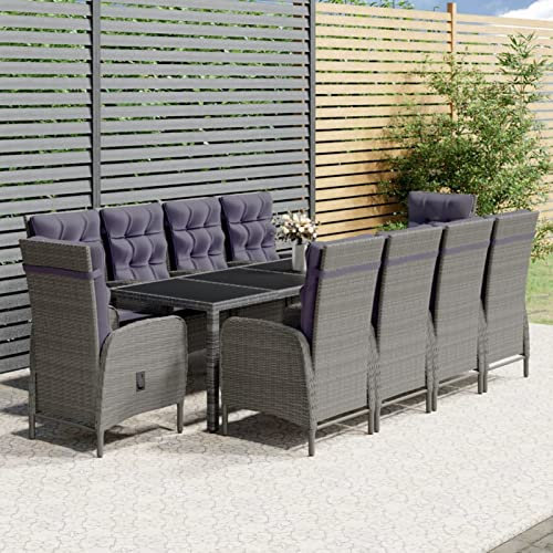 Fasba 11-TLG. Garten Essgruppe, Gartenmöbel Sitzgruppe, Terrassenmöbel Set 10 Personen, Esstisch mit 10 Hochlehner Verstellbar Stühlen mit Kissen Set, Poly Rattan Grau/ 3058558