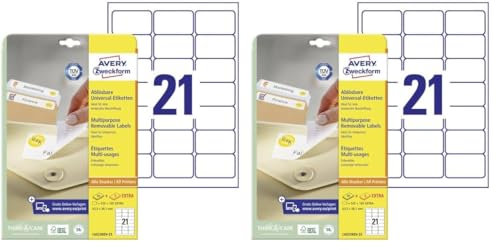AVERY Zweckform L6023REV-25 Universal Etiketten (525 plus 105 Klebeetiketten extra, 63,5x38,1mm auf A4, wieder rückstandsfrei ablösbar/abziehbar, bedruckbar, selbstklebende Aufkleber) 30 Blatt, weiß