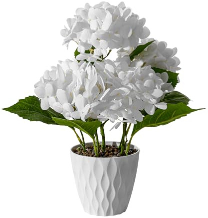 Wenhuidr White Artificial Hydrangea Flowers in Pot – Large Real Touch Silk Hydrangea Arrangement with Five Heads, Faux Pot Display for Indoor Home, Office, Table Centrepiece or Wedding Décor